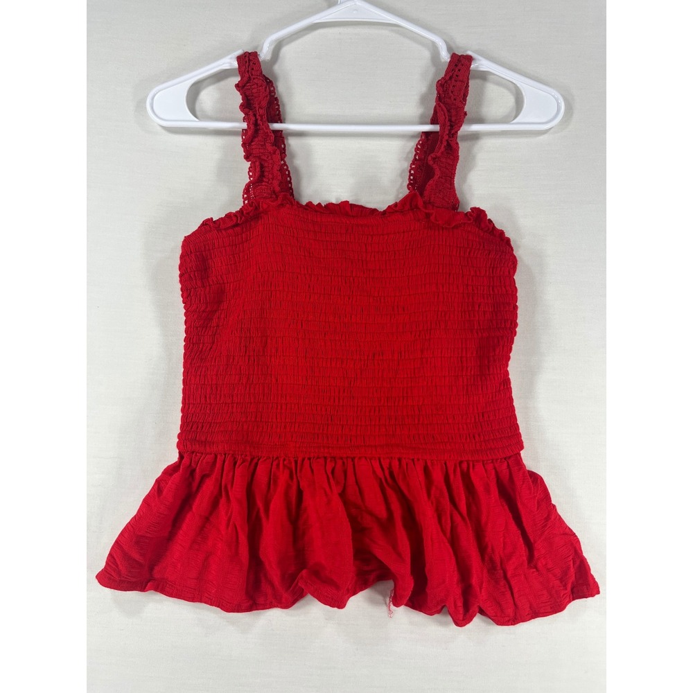 J.O.A. Red Smocked Peplum Tank Top Ruffle Eyelet Straps Size M